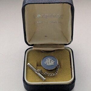 Vintage Wedgwood England Blue Jasperware Sailing Ship Lapel Tie Tac
